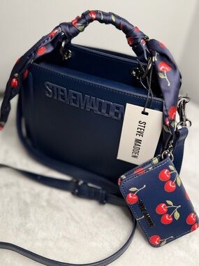 Steve Madden Navy blue cherry bevlynn Satchel Tote Crossbody + Wallet SET